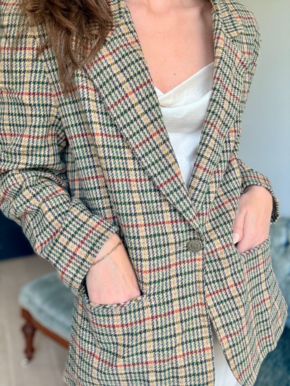 Vintage Wool Blend Blazer Checked Medium Old Money Light Brown Power Shoulders